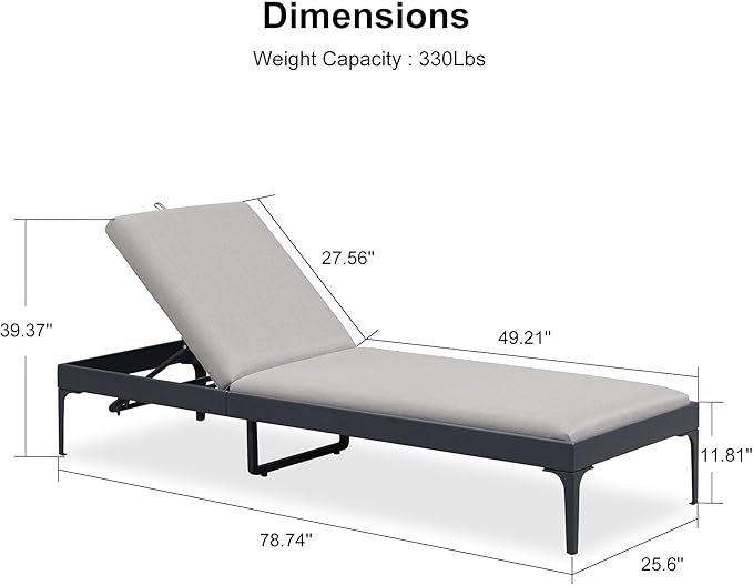 PURPLE LEAF 1 Piece Outdoor Chaise Lounge Aluminum Adjustable Patio Lounger Chair with Cushion Reclining Beach Daybed for Poolside Balcony Deck Backyard, Dark Grey