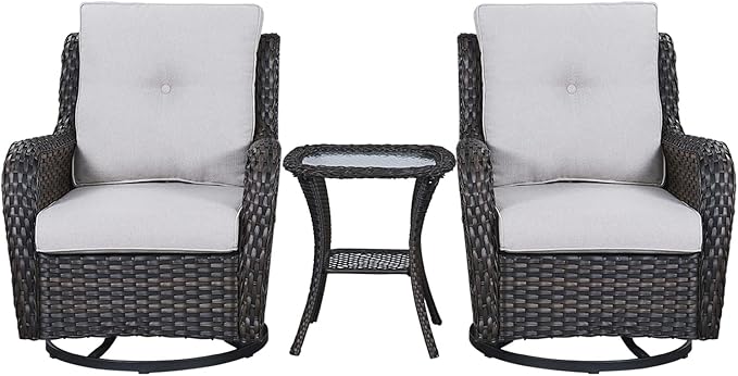Rilyson Wicker Rocking Chair Swivel Chairs - 3 Piece Rocker Patio Furniture Set Rattan Rocking Bistro Sets with Glass Top Side Table for Outdoor Porch Deck Garden Backyard (Brown/Beige)