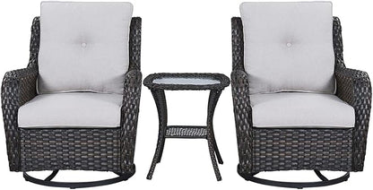 Rilyson Wicker Rocking Chair Swivel Chairs - 3 Piece Rocker Patio Furniture Set Rattan Rocking Bistro Sets with Glass Top Side Table for Outdoor Porch Deck Garden Backyard (Brown/Beige)