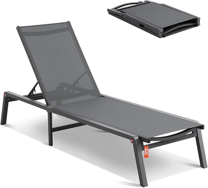VEVOR Chaise Lounge Chair Outdoor, Aluminum Patio Lounge Chairs with Adjustable 5-Position, Folding Pool Chair Recliner and Full Flat Tanning Chairs for Patio, Beach, Pool, Dark Grey