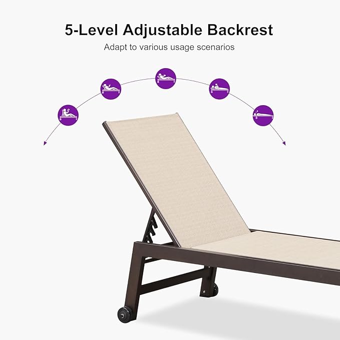 PURPLE LEAF Chaise Lounge Outdoor Set 4 Pieces Sturdy Aluminum Outdoor Chaise Lounge Chair for Pool Outside Lawn Patio Lounger with Breathable Textilene Fabric, Cream