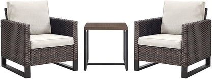 Rilyson Wicker Outdoor Patio Chairs Set - 3 Piece Rattan Patio Furniture Bistro Chairs Set with Waterproof Wicker,Comfortable Cushions and Sturdy Metal Frame for Porch Deck Backyard(Brown/Beige)