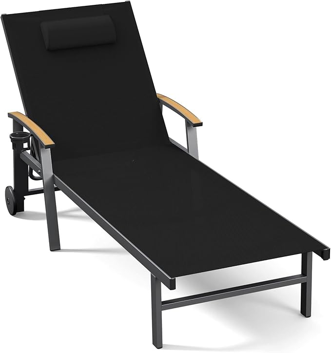 Ciokea Outdoor Lounge Chair with Pillow, 5-Position Aluminum Chaise Lounge with Wheels & Armrests - Photo 1