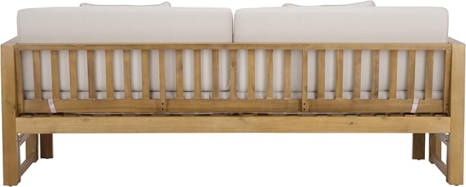SAFAVIEH Outdoor Patio Furniture Collection - Napoli Oak Brown & Cream Solid Wood Bench Convertible Daybed with Cushions, Versatile Patio Seating (PAT6805B)