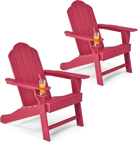 Giantex Adirondack Chair, HDPE All-Weather Patio Chair with Built-in Cup Holder, Outside Composite Chairs, Lawn Chair for Campfire, Deck, Garden, Yard, Balcony, Outdoor Fire Pit Chairs (2, Red)