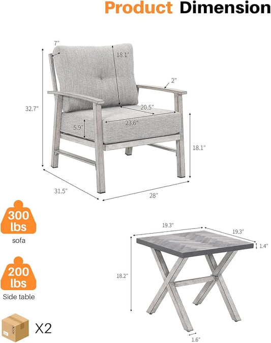 Aluminum Patio Furniture Set, 3 Pieces Outdoor Patio Bistro Set with Washable Thick Cushions, All Weather Patio Conversation Set with Coffee Table for Porch, Balcony, Lawn, White Oak