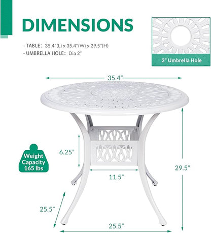 VIVIJASON 35.4" Outdoor Patio Dining Round Table White Cast Aluminum Rustic Large Patio Table with Umbrella Hole