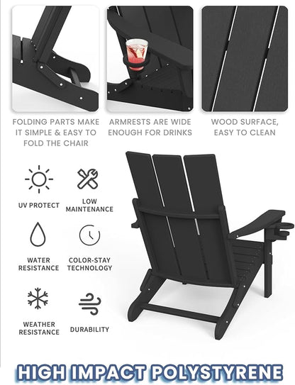 Adirondack Chair with Cup Holder Set of 2, Folding Outdoor Lawn Chair, HDPE Plastic Fire Pit Chair, Weather Resistant Patio Chairs for Deck, Porch, Backyard, Garden, Black
