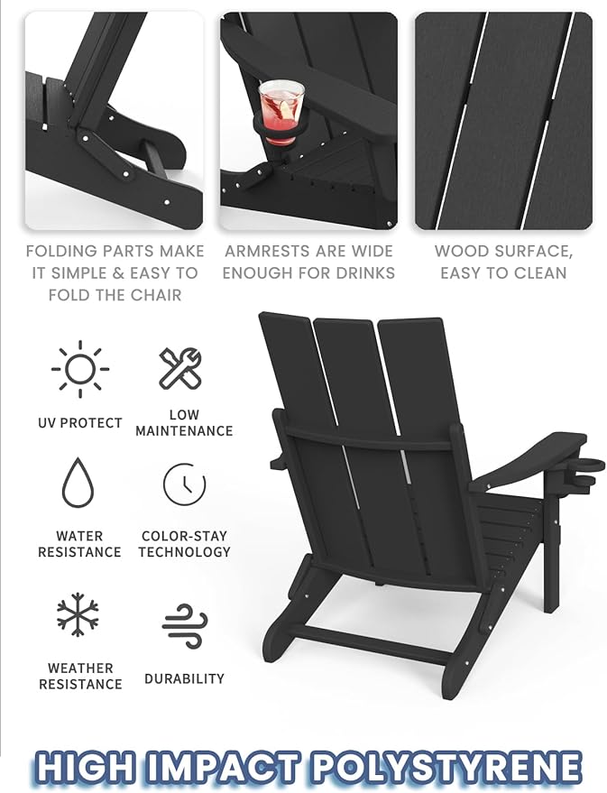 Adirondack Chair with Cup Holder Set of 4, Folding Outdoor Lawn Chair, HDPE Plastic Fire Pit Chair, Weather Resistant Patio Chairs for Deck, Porch, Backyard, Garden, Black