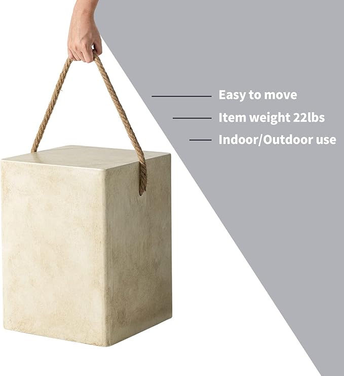 HOMPUS Outdoor Side Table w Hemp Rope Handle, Patio MgO Concrete Natural End Table, Square Accent Table, Small Coffee Table for Garden, Patio, Porch and Deck, Warm Grey