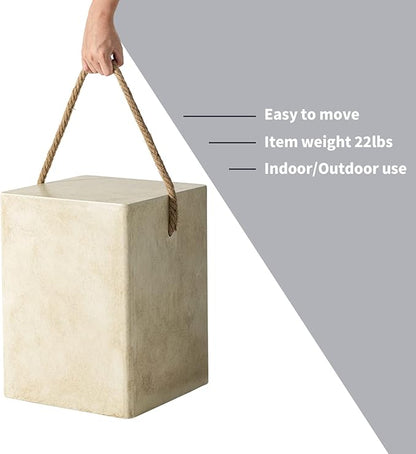 HOMPUS Outdoor Side Table w Hemp Rope Handle, Patio MgO Concrete Natural End Table, Square Accent Table, Small Coffee Table for Garden, Patio, Porch and Deck, Warm Grey