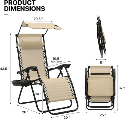 MoNiBloom Zero Gravity Chair Set of 2 with Canopy Shade, Patio Folding Anti Gravity Recliner, Foldable Outdoor Lounger with Cup Holder Tray for Beach Camping, Cream