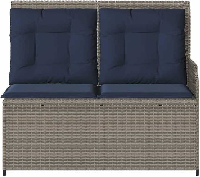 Outdoor Reclining Patio Bench with Adjustable Armrests, 2-Person PE Rattan Garden Seat, Grey Modern Weather-Resistant Terrace Furniture