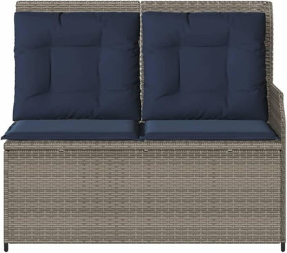 Outdoor Reclining Patio Bench, 2-Person PE Rattan Garden Seat with Adjustable Armrests and Removable Cushions, Grey All-Weather Furniture for Porch, Backyard, Balcony