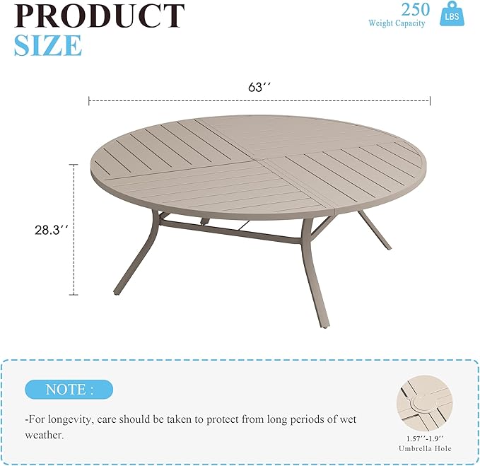 VICLLAX 63" Round Patio Table with Umbrella Hole, All Weather Metal Outdoor Dining Table for 8-10, Outside Table for Lawn Garden, Sandshell Color