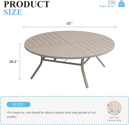 VICLLAX 63" Round Patio Table with Umbrella Hole, All Weather Metal Outdoor Dining Table for 8-10, Outside Table for Lawn Garden, Sandshell Color