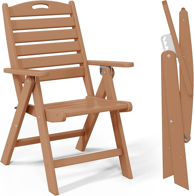 Costaelm Outdoor Adjustable Highback Folding Patio Dining Chair, HDPE Armrest Poly Lumber Restaurant Bistro Dining Chair for Outside Porch Backyard Garden, Teak