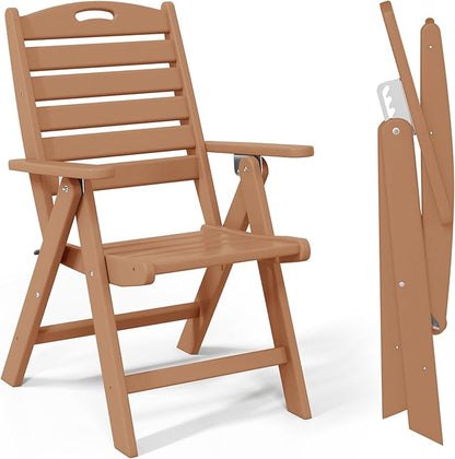 Costaelm Outdoor Adjustable Highback Folding Patio Dining Chair, HDPE Armrest Poly Lumber Restaurant Bistro Dining Chair for Outside Porch Backyard Garden, Teak