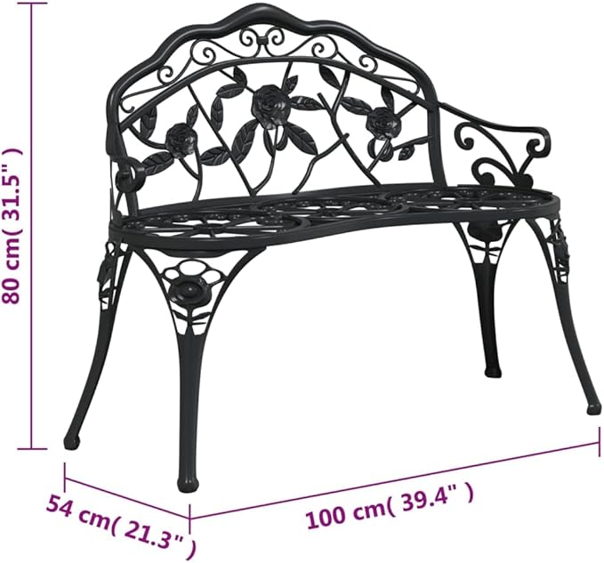 Traditional Cast Iron Garden Bench with Decorative Floral Inlays, 2-Person Outdoor Seating, Black Matte Finish, Sturdy and Weather-Resistant for Patio, Park, or Garden