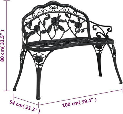 Traditional Cast Iron Garden Bench with Decorative Floral Inlays, 2-Person Outdoor Seating, Sturdy Black Matte Finish for Patio, Park, and Garden