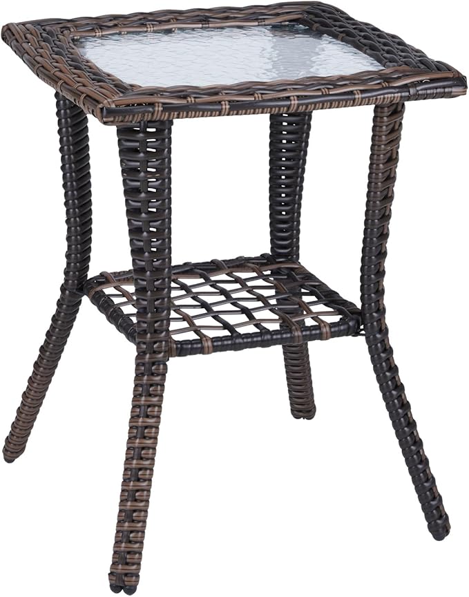 Outdoor Side Table with Storage Wicker Patio Side Table, Tempered Glass Top End Table for Balcony Porch Deck (Brown) - Photo 1