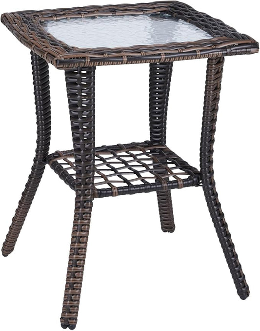 Outdoor Side Table with Storage Wicker Patio Side Table, Tempered Glass Top End Table for Balcony Porch Deck (Brown)