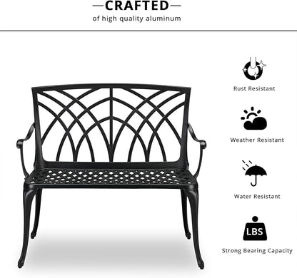 38in Outdoor Metal Porch Benches,Weatherproof Patio Park Bench,Outside Leisure Bench,Outdoor Garden Park Bench,with Orchid Back and Armrests,for Lawn, Deck, Path, Backyard, Entryway (Black)