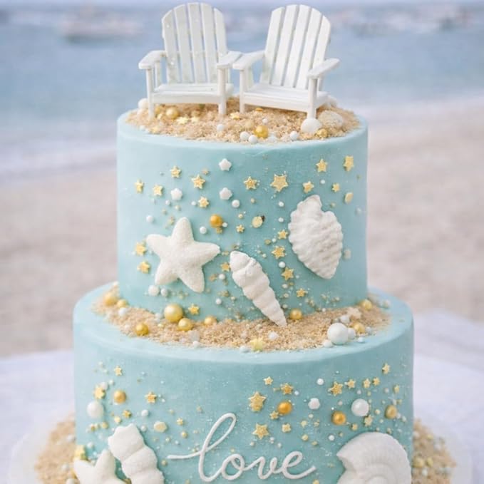 CakeSupplyShop White Small Mini Decorative Adirondack Plastic Beach Chair Wedding Anniversary Cake Decoration Toppers (Set of 2)