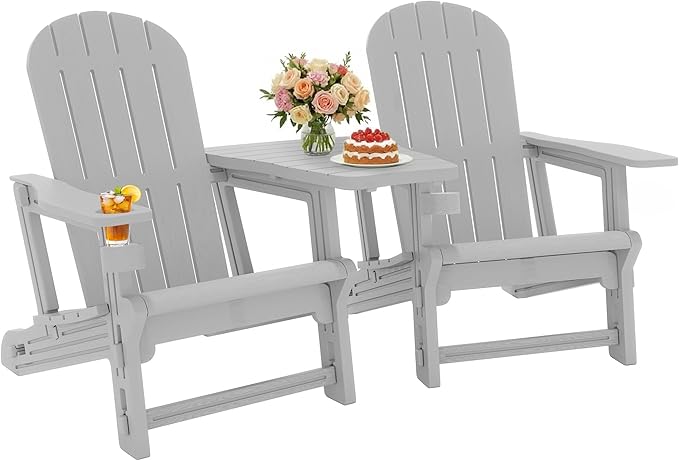 JY QAQA Outdoor Adirondack Chair Set of 2, All-Weather HDPE Patio Furniture with Detachable Table, Wood Texture & Cup Holder for Patio, Poolside, Garden, Light Grey