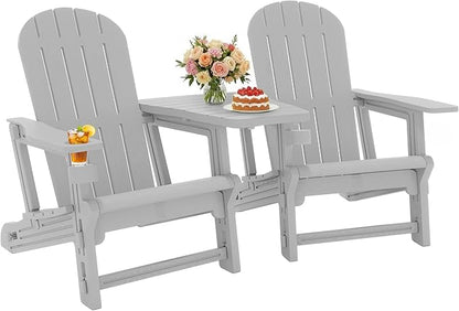 JY QAQA Outdoor Adirondack Chair Set of 2, All-Weather HDPE Patio Furniture with Detachable Table, Wood Texture & Cup Holder for Patio, Poolside, Garden, Light Grey