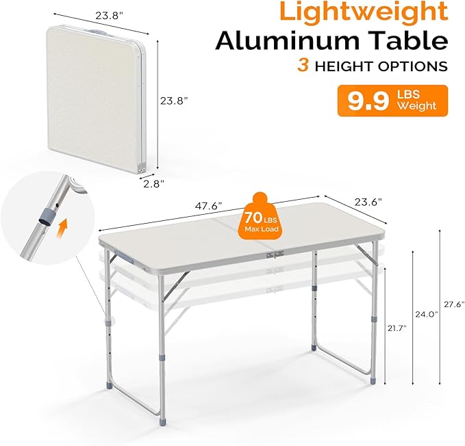 VINGLI 4FT White Folding Table with Carrying Handle Height Adjustable Lightweight Fold Up Portable for Indoor Outdoor - Photo 2