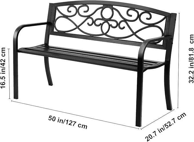 Happybuy 50-Inch Metal Outdoor Garden Bench, 550 lbs Load Capacity, Patio Bench with Backrest & Armrests, Durable Bench for Park, Yard, Garden, Porch