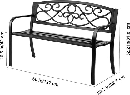 Happybuy 50-Inch Metal Outdoor Garden Bench, 550 lbs Load Capacity, Patio Bench with Backrest & Armrests, Durable Bench for Park, Yard, Garden, Porch