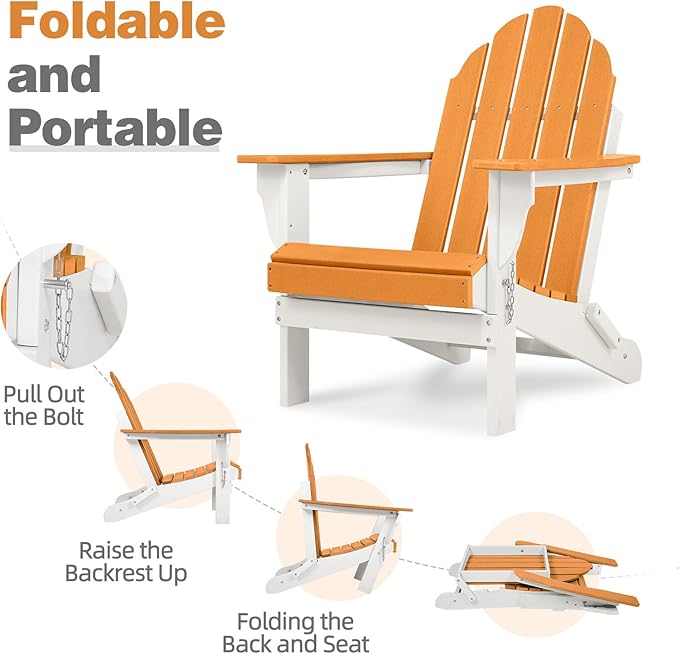 Aoodor HDPE Outdoor All-Weather Folding Adirondack Chair for Patio, Garden, Backyard, Lawn, Fire Pit, Set of 2, Orange