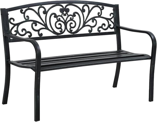 Park Bench, 4 Feet Rust-Proof Cast Iron Park Bench, Hold 485 lbs Heavy-Duty Metal Outdoor Furniture Bench Seat, with Backrest Armrests Sturdy Steel Frame Front Porch Bench for Yard Porch