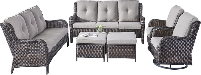 Rilyson Wicker Patio Furniture Set - 6 Piece Rattan Outdoor Sectional Conversation Sets with 2 Rocking Swivel Chairs - Photo 2