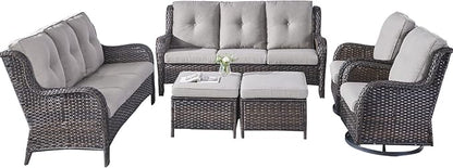 Rilyson Wicker Patio Furniture Set - 6 Piece Rattan Outdoor Sectional Conversation Sets with 2 Rocking Swivel Chairs,2 Ottomans and 2 Sofa for Porch Deck Garden(Brown/Grey)