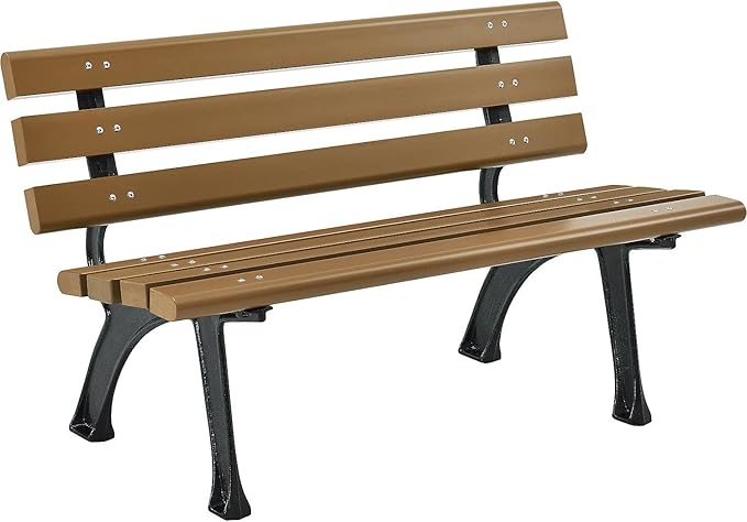 Global Industrial 4'L Outdoor Park Bench with Backrest, Recycled Plastic Slats, Wrought Iron Frame, 1100 lbs Capacity, Tan, Surface Mount, Easy Assembly