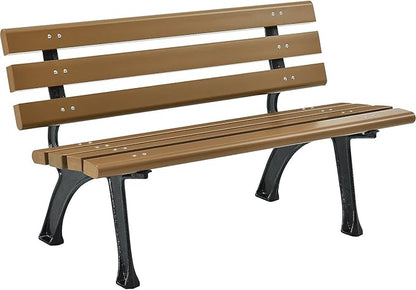 Global Industrial 4'L Outdoor Park Bench with Backrest, Recycled Plastic Slats, Wrought Iron Frame, 1100 lbs Capacity, Tan, Surface Mount, Easy Assembly