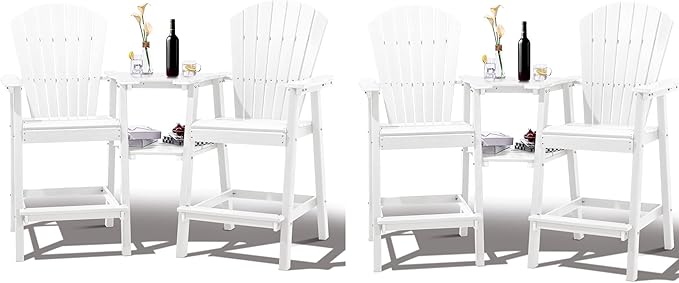 FOOWIN Tall Adirondack Chair Set of 4, All Weather HDPE Bar Height Adirondack Chair with Double Connecting Trays, Adirondack Barstools for Balcony, Deck, Backyard, Patio, Garden White