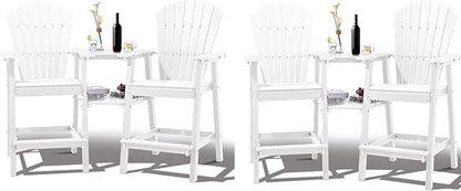 FOOWIN Tall Adirondack Chair Set of 4, All Weather HDPE Bar Height Adirondack Chair with Double Connecting Trays, Adirondack Barstools for Balcony, Deck, Backyard, Patio, Garden White