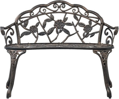 Bronze Cast Aluminum and Cast Iron Bistro Bench with Floral Design for Outdoor Garden Patio Seating, 2-Person Sturdy Metal Bench for Relaxation and Socializing