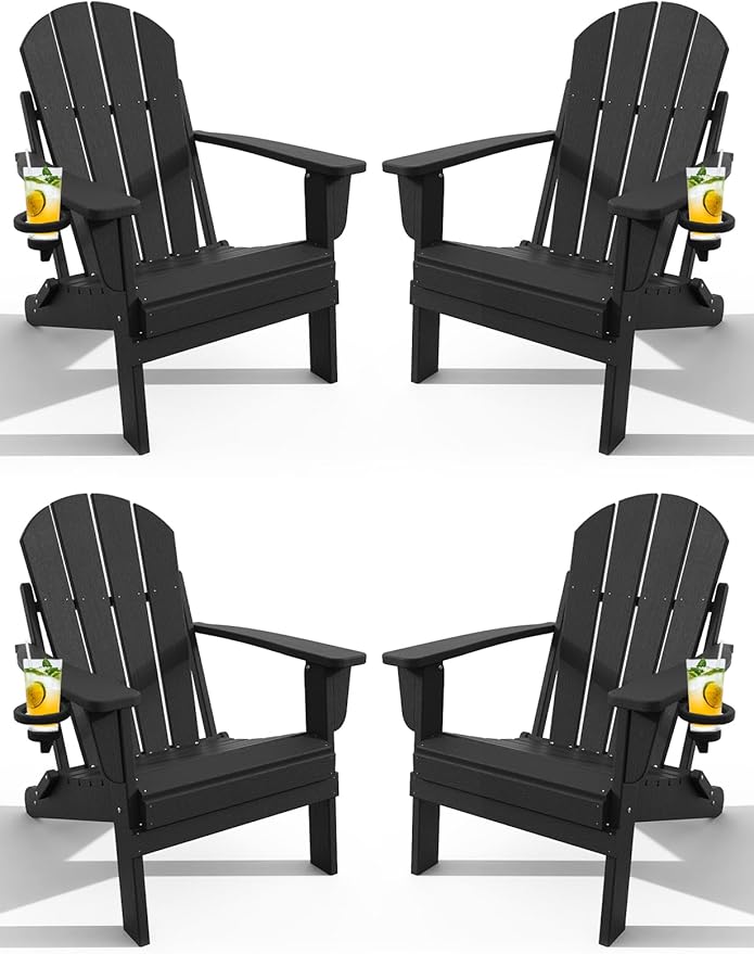 Adirondack Chair with Cup Holder Set of 4, Folding HDPE Patio Chairs, Outdoor Plastic Fire Pit Chair, Wood Texture, Lawn Chairs for Deck, Porch, Backyard, Garden, Black