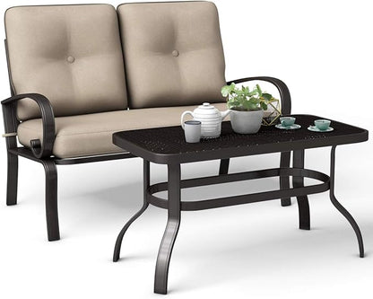 Giantex 2 Pcs Patio Loveseat with Coffee Table Outdoor Bench with Cushion and Metal Frame, Loveseat Furniture Set Sofa for Garden, Yard, Patio or Poolside