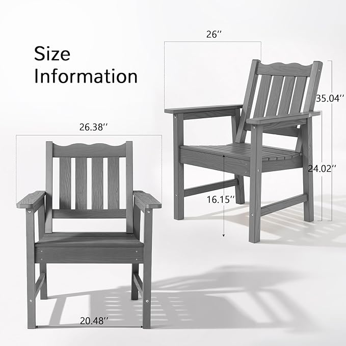 Stoog Outdoor Chairs Set of 2, All-Weather HIPS Patio Dining Chairs with Curved Backrest, 400 lbs Support Garden Chairs, Grey
