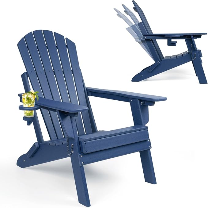 FUNBERRY Folding Adirondack Chair with Adjustable Backrest, HDPE All Weather Fire Pit Chairs with Cup Holder