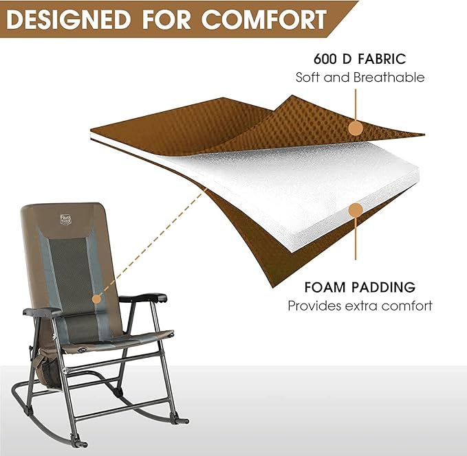 TIMBER RIDGE Outdoor Folding Rocking Chair, 29" Padded High Back Neck & Back Support, Hard Armrests for Easy Stand Up, Stable Steel Frame Supports 300 lb, Quick Fold for Patio, Lawn & RV Camping,Brown