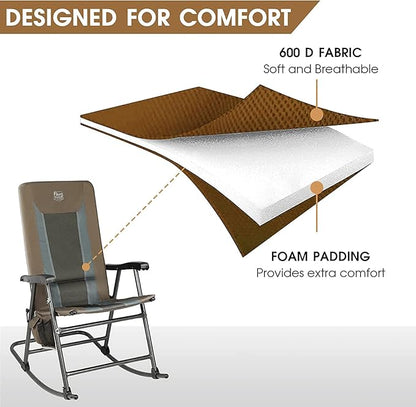 TIMBER RIDGE Outdoor Folding Rocking Chair, 29" Padded High Back Neck & Back Support, Hard Armrests for Easy Stand Up, Stable Steel Frame Supports 300 lb, Quick Fold for Patio, Lawn & RV Camping,Brown