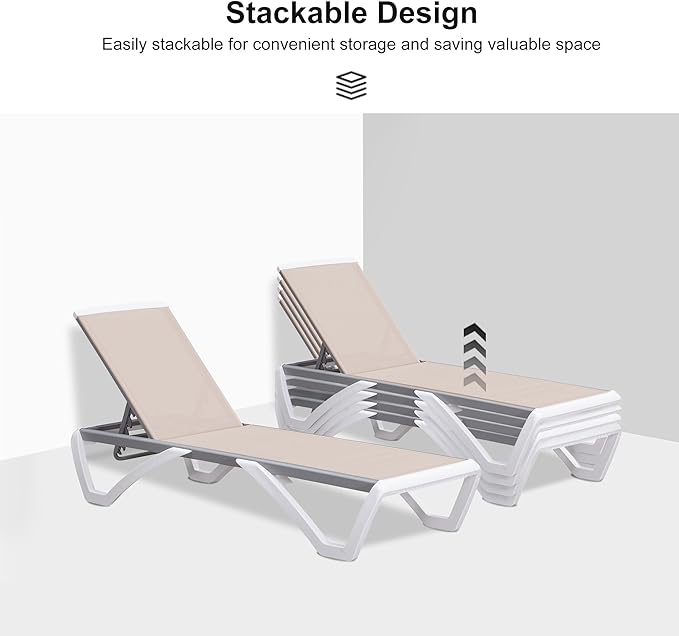 PURPLE LEAF Patio Chaise Lounge Chair Set of 3 Outside Aluminum Plastic Stackable Tanning Chairs for Pool Sunbathing Beach Deck Outdoor Lounger, Khaki