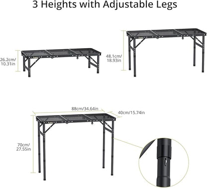 Anbte Folding Grill Table, 3ft Tri-Fold Aluminum Folding Table Adjustable Height Max 27.5" Grill Table with Mesh Desktop, Lightweight, Portable Handle for Outdoor Cooking BBQ Picnic (Black)